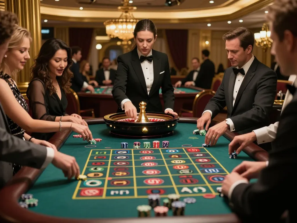F168 roulette action with players engaged and croupier spinning wheel in a luxurious casino setting.