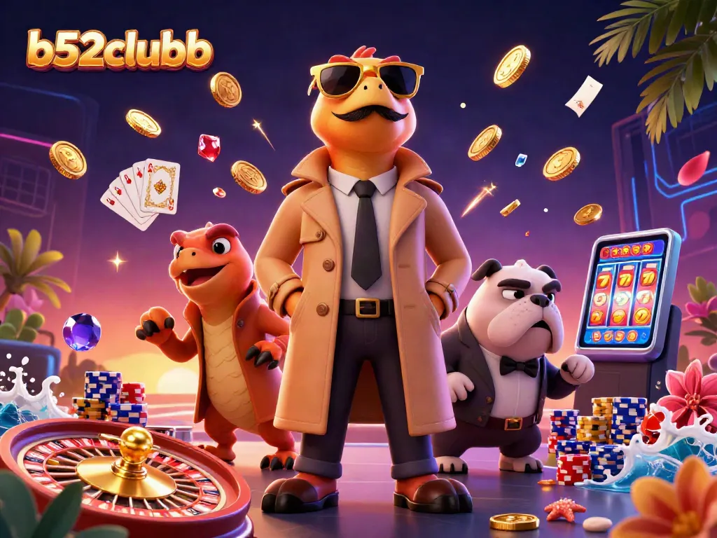 B52Clubb showcases playful raptors entering a casino, with dynamic elements of fortune and excitement.