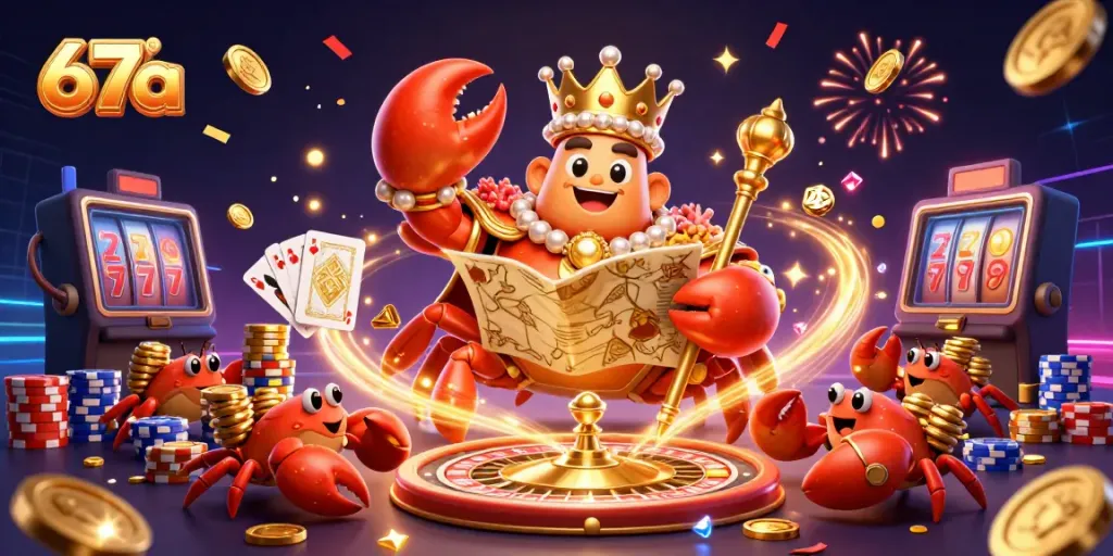 Experience thrilling gaming at 67a with a vibrant scene of a golden crab emperor amidst casino action.