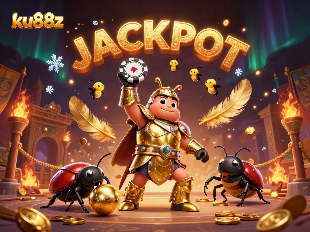 ku88z players celebrating a jackpot win with cartoon beetles and sparkles in a vibrant casino setting