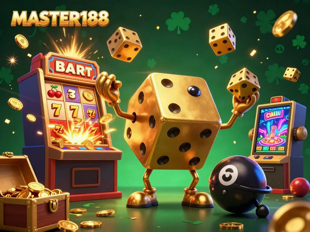 Experience the thrilling jackpot with MASTER188's golden dice and casino elements in a vibrant scene.