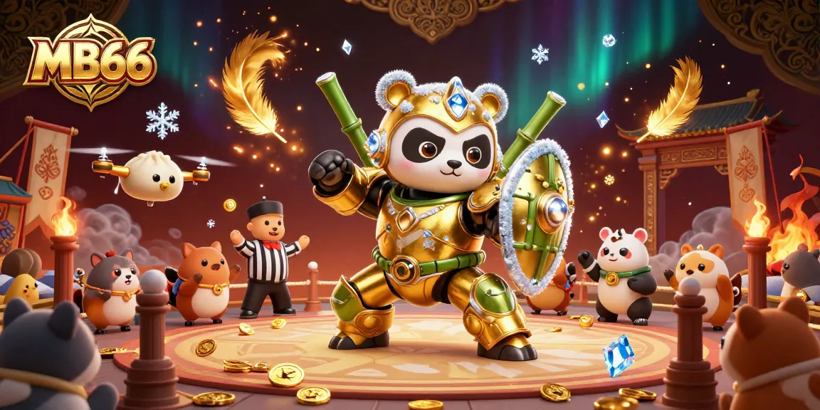 Compete fiercely at MB66 with a mech-suit panda in a vibrant gambling arena.