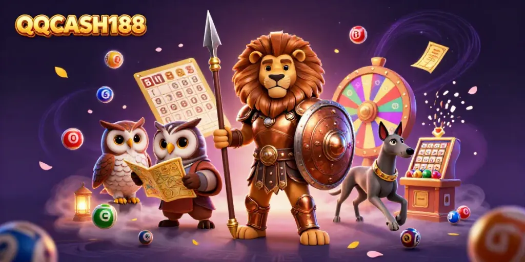 Play with QQCASH188 in a vibrant animated casino scene featuring lucky characters and game elements.