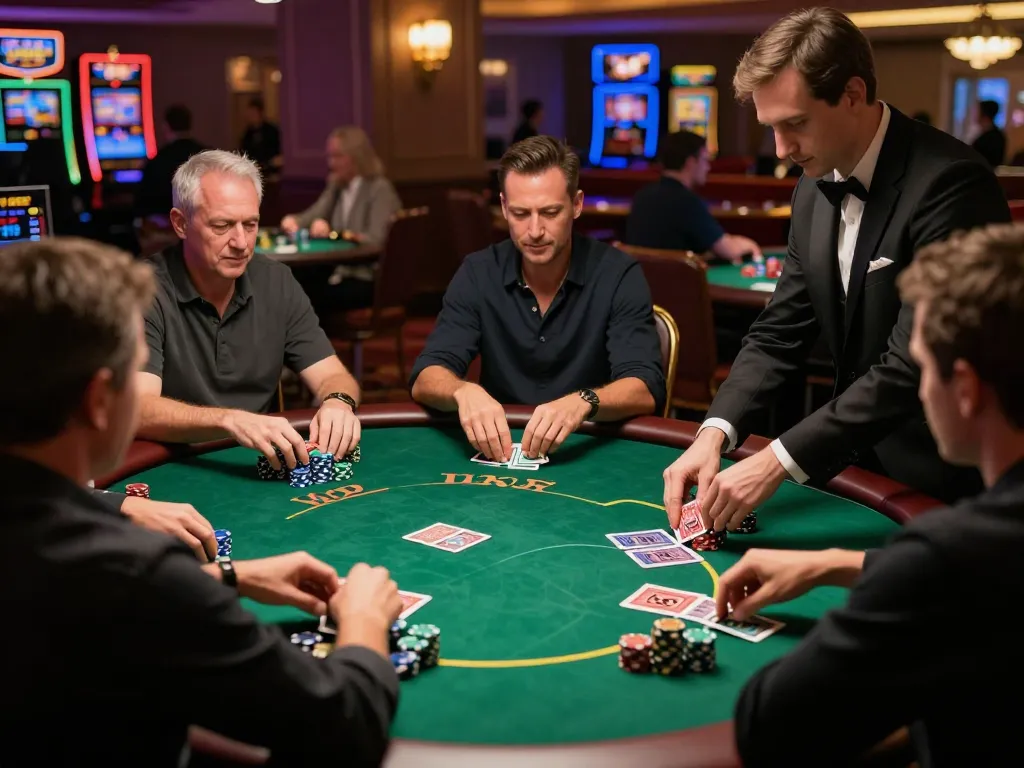 Players at a poker table in an upscale casino environment enjoying a game, showcasing TG88 excitement with focused gameplay.