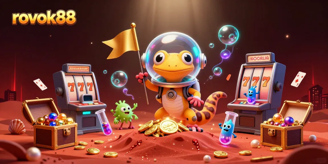 Join the Martian gecko at the rokok88 casino adventure with vibrant game elements and gold treasures.