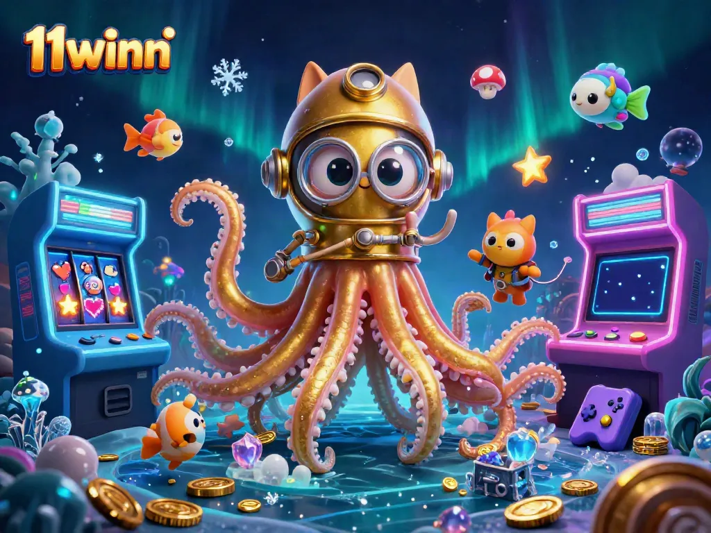 Experience the thrill of 11winn with an adventurous kraken and diving cat amidst vibrant casino elements.