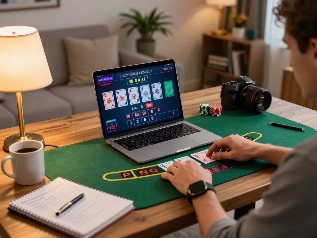 Player strategizing 789 blackjack game on laptop in cozy home environment while enjoying online gaming.