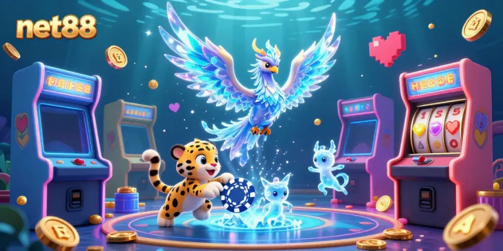 Experience the thrill of net88's vibrant 3D arcade scene with a magical ice phoenix and exciting casino elements.