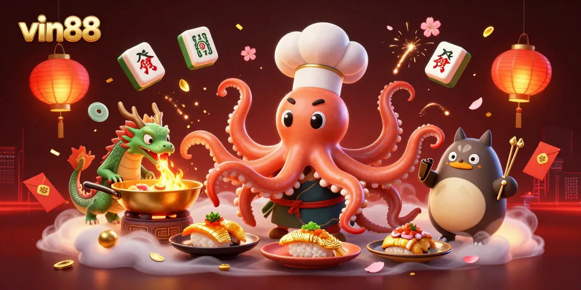Play engaging casino games at vin88 with a dynamic festive scene featuring animated characters and vibrant elements.