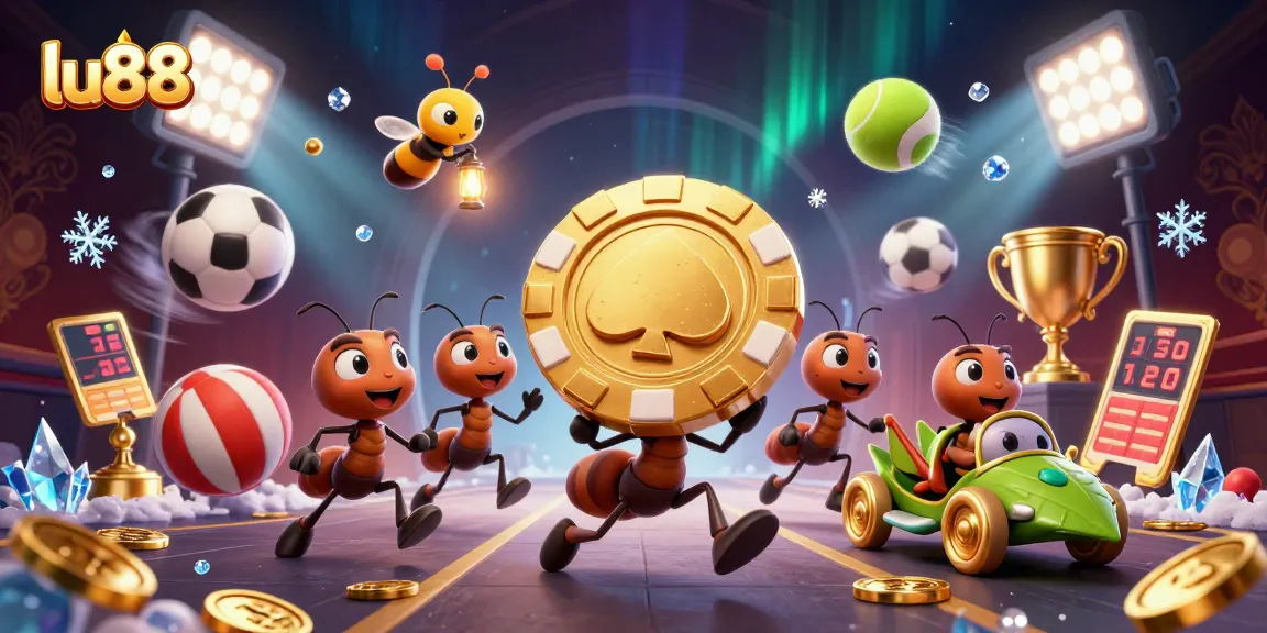 Experience the thrilling heist at lu88, as ants battle with poker chips amidst dynamic sports elements.