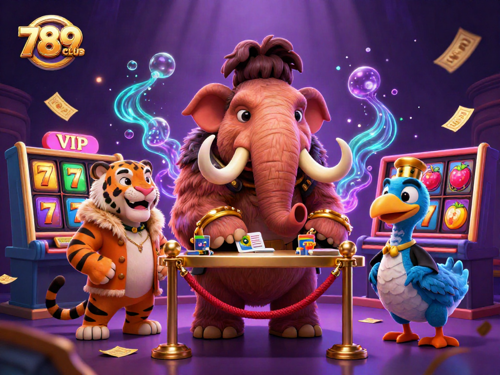 Engage with 789CLUB at an extravagant casino scene featuring a mammoth bouncer, VIP guests, and spinning slot reels.