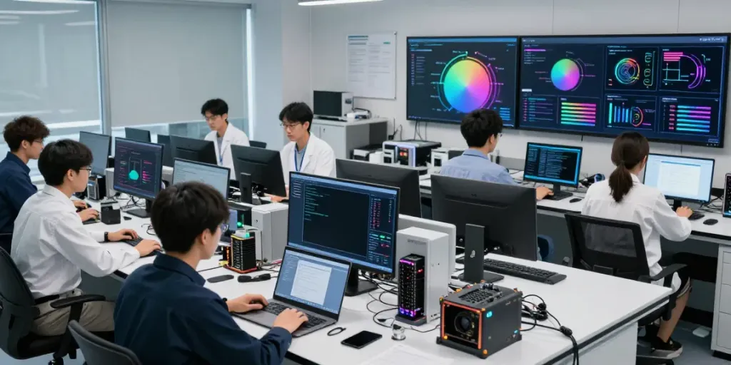 Team developing enterprise AI solutions with advanced technology in a modern lab.