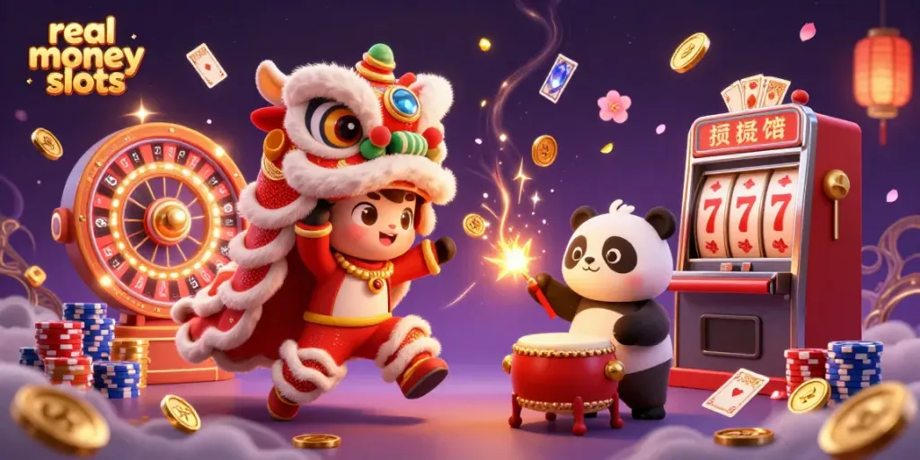 Experience the thrill of real money slots with lively characters, coins, and casino elements in vibrant 3D.