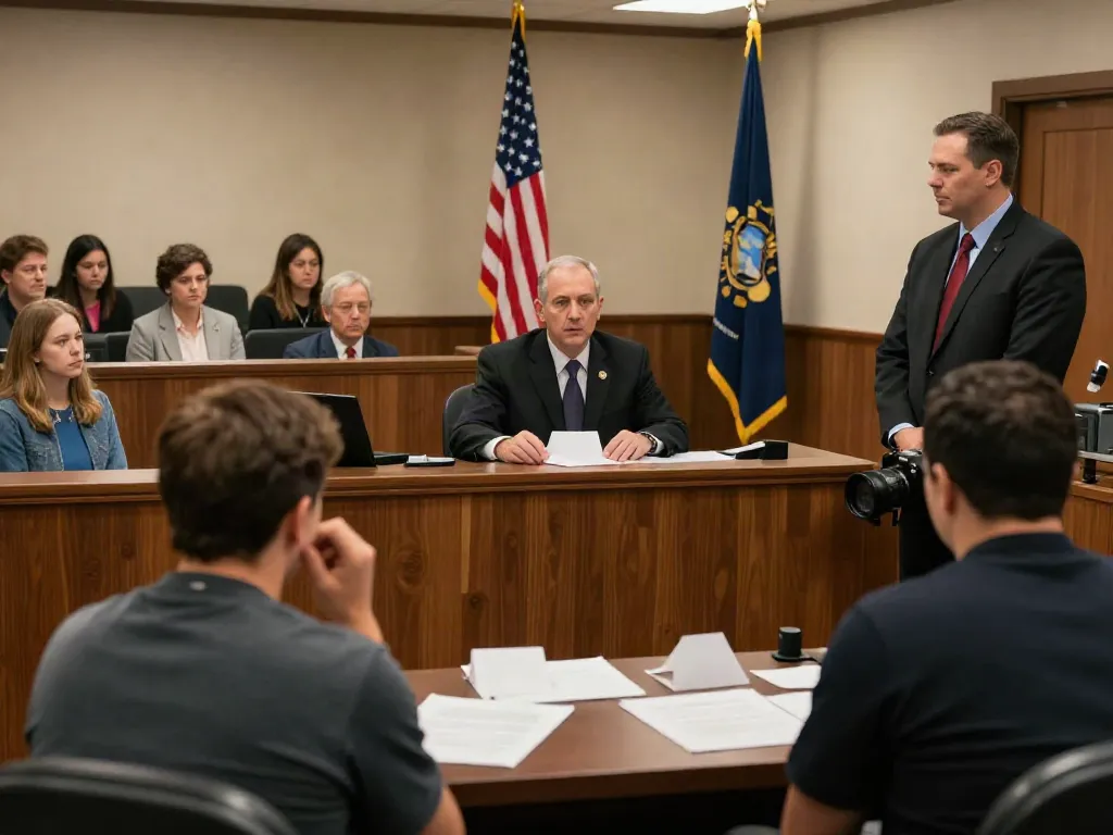 Drug testing used in Forsyth County for DUI during courtroom proceedings, highlighting a tense legal environment with attorney at work.