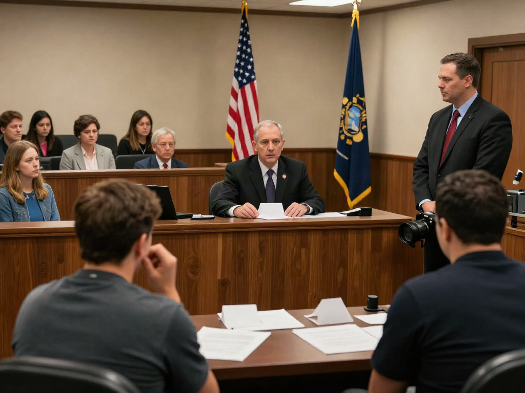 Drug testing used in Forsyth County for DUI during courtroom proceedings, highlighting a tense legal environment with attorney at work.