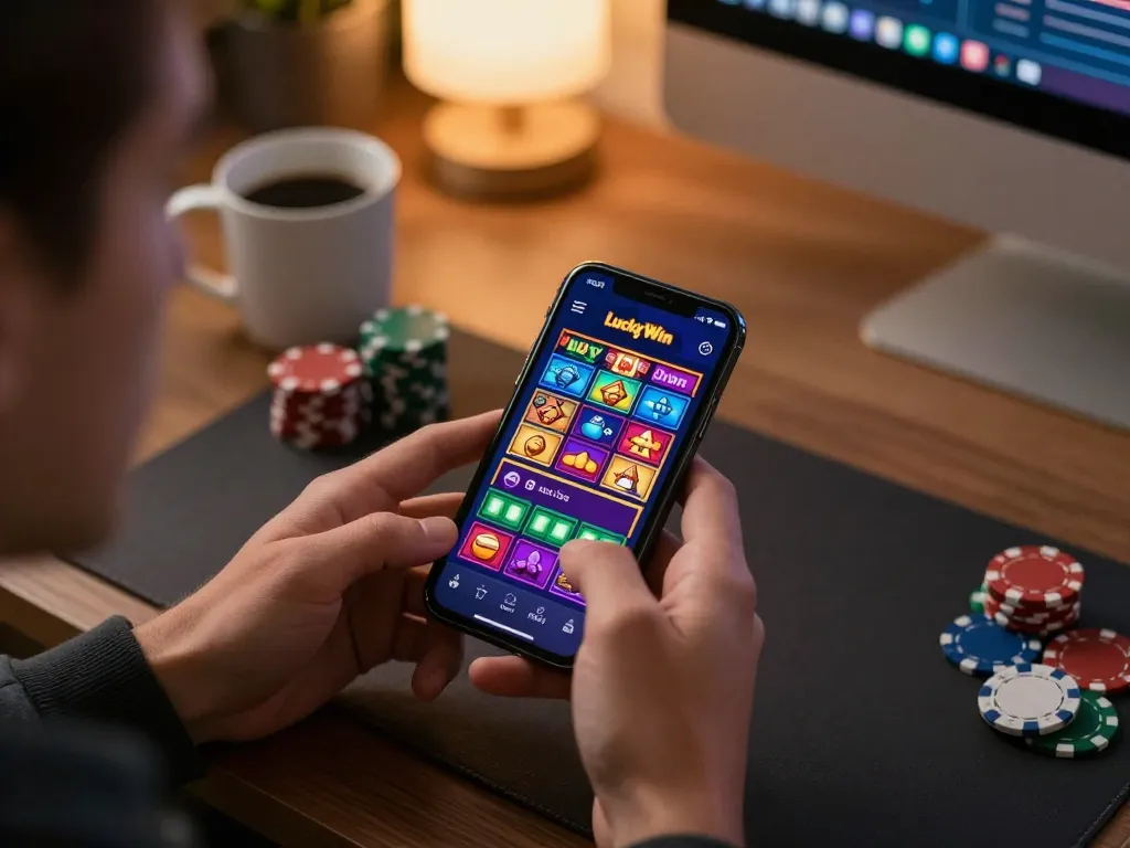 Engaging with the LuckyWin app for online gambling on a smartphone, portraying strategic gameplay.