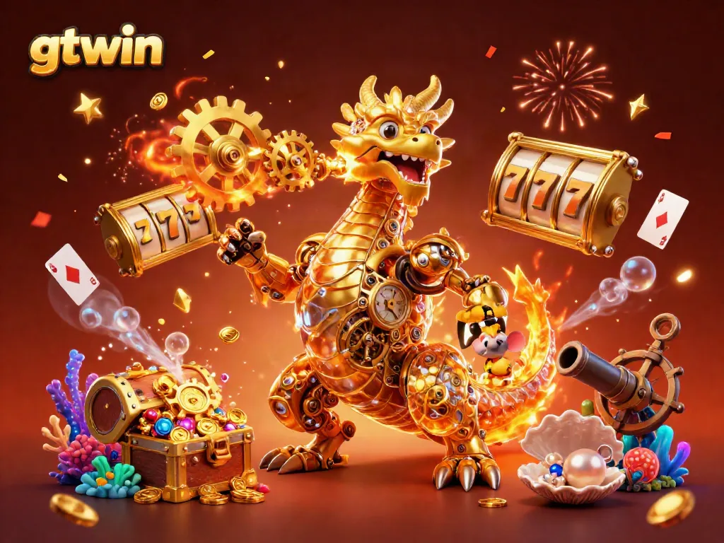 Experience winning magic at gtwin with a vibrant 3D dragon and rich casino elements.