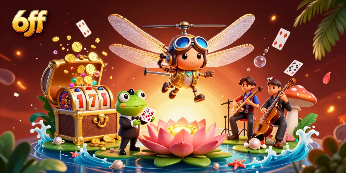 Engage with the vibrant world of 6ff as a dragonfly pilot hovers over a lively lily pad casino.
