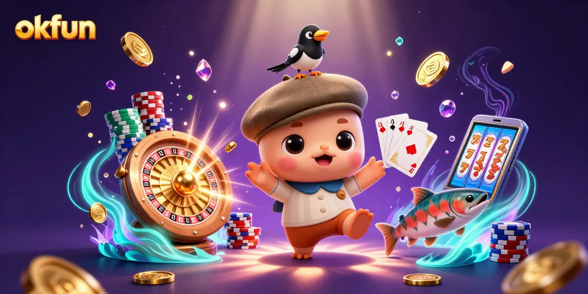 Experience winning thrills with okfun in a vibrant casino scene featuring playful Nessie and gold coins.