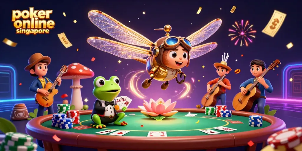 Play poker online singapore with this vibrant scene featuring a dragonfly pilot and a frog dealer.