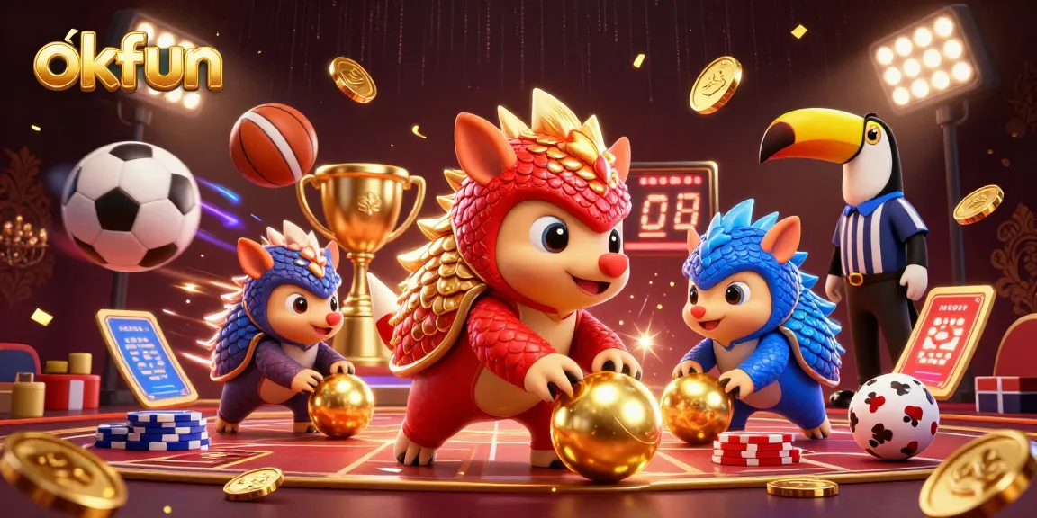 Engage with okfun through an exciting 3D casino scene featuring colorful pangolins and dynamic gaming elements.
