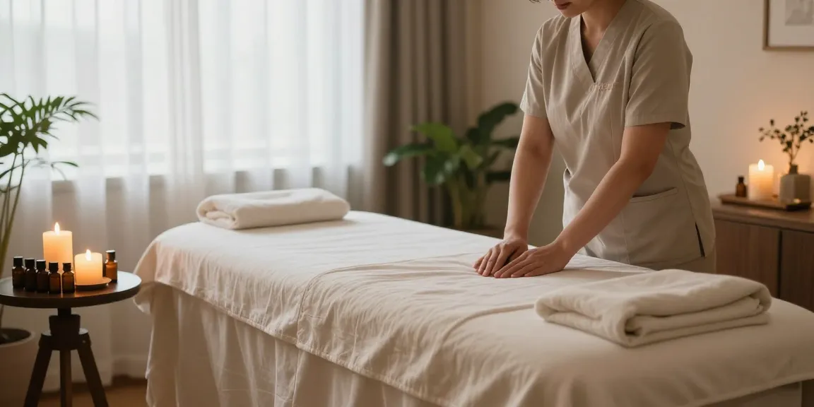 Serene 서대문출장안마 therapy room with candles and soft linens for relaxation.