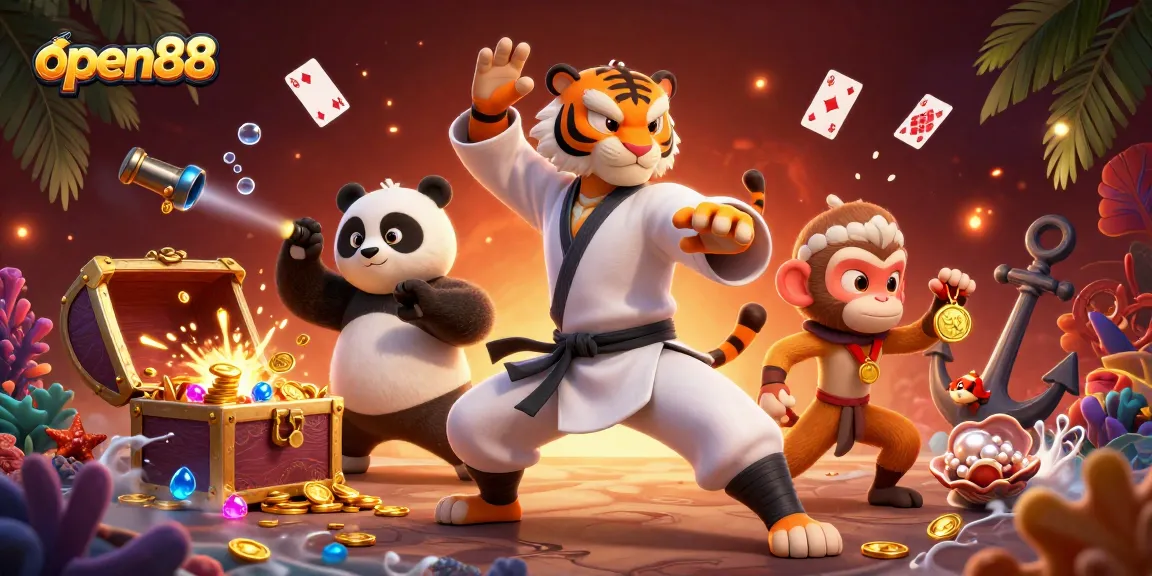 Join the excitement at open88 with a vibrant scene of a kung fu tiger and friends amidst gold coins and casino treasures.