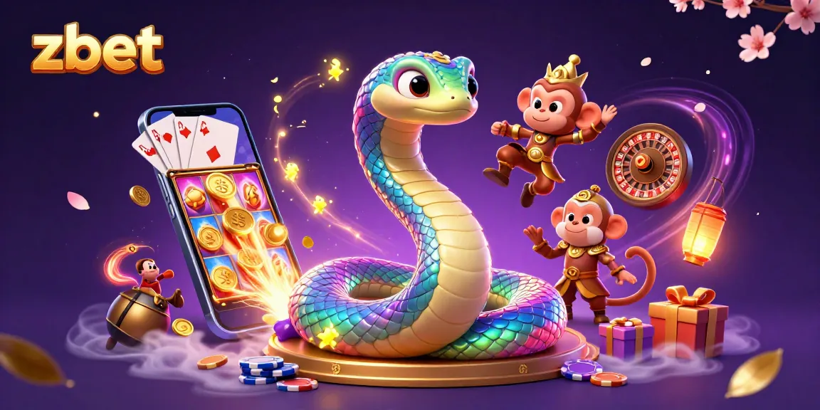 Zbet showcases an exciting online casino atmosphere with a colorful 3D illustration featuring a playful monkey king and a magical rainbow serpent.