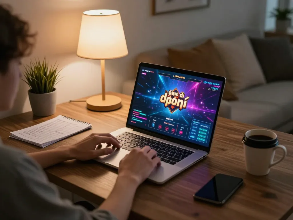 Engaging in game bài đổi thưởng on a laptop in a cozy home setting.
