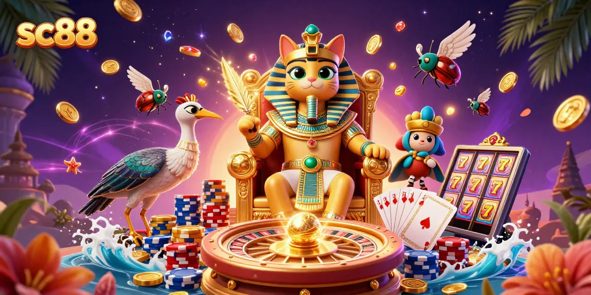 Experience sc88 with a vibrant display of animated casino elements and characters in an Egyptian theme.