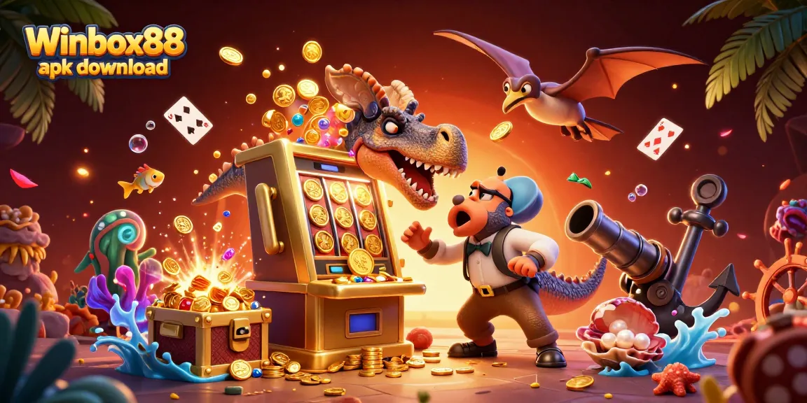 Winbox88 apk download showcases a dynamic scene of characters and gold coins to illustrate mobile gaming excitement.