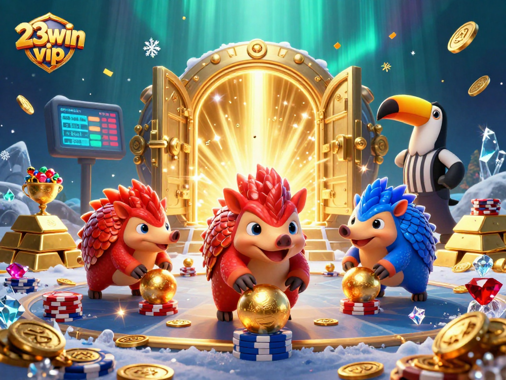 Spin the reels with 23win vip and win exciting treasures in a vibrant casino scene.