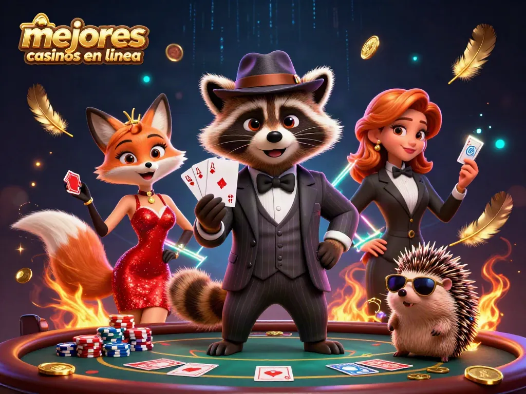Ilustra los mejores casinos en línea con personajes llamativos y elementos de juego vibrantes.
