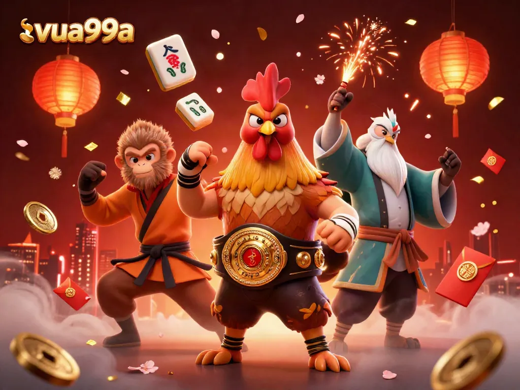 Experience the vibrant world of vua99a with a dynamic scene featuring a Muay Thai rooster, a Shaolin monkey, and a wise crane, surrounded by gambling elements.