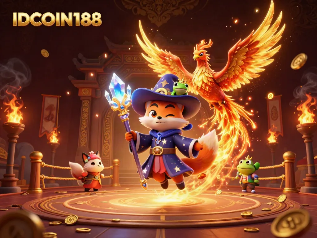 Engage in thrilling gameplay at IDCOIN188, featuring a mystical wizard fox, phoenix, and vibrant casino elements.