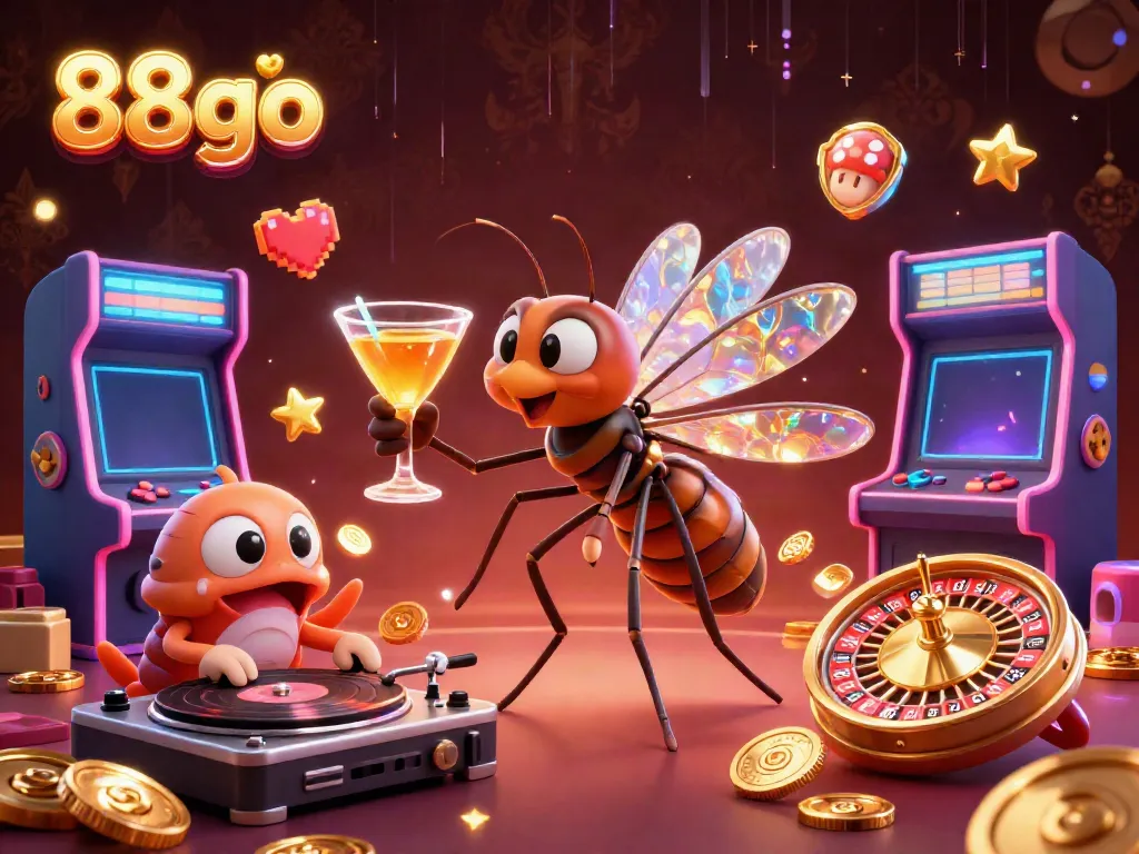 Engage in thrilling casino experiences with 88go's vibrant gaming scene, showcasing unique characters and golden elements.