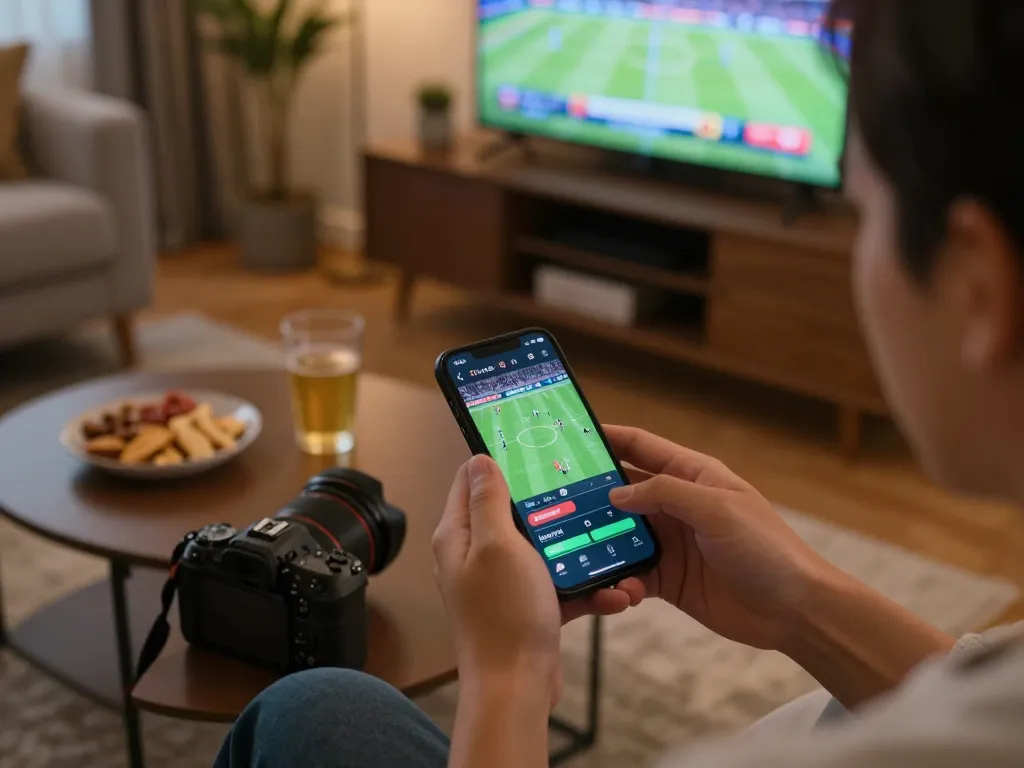 Checking tỷ lệ nhà cái while engaging in an online sports betting session at home.