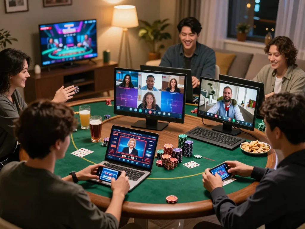 Friends enjoy an online poker night with Fly88, showcasing interactive gameplay and a cozy atmosphere