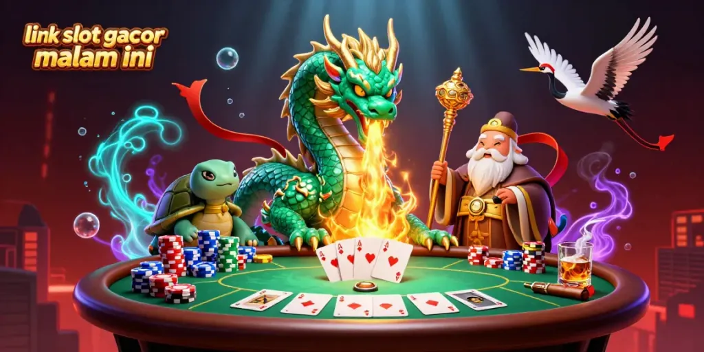 Menangkan permainan dengan link slot gacor malam ini yang menampilkan naga hijau dan karakter cerdas di kasino.