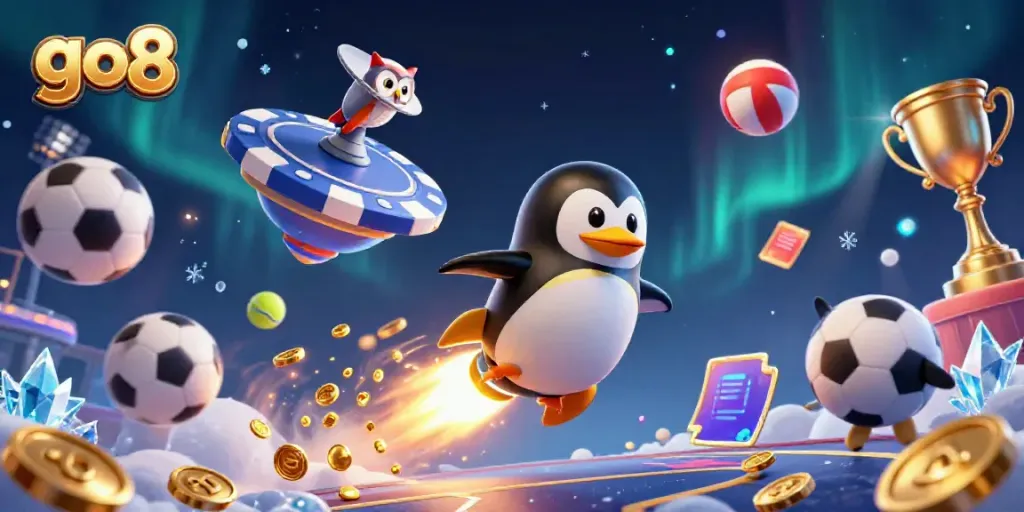 Experience thrilling gambling action with go8's cartoon penguin flying toward a casino.
