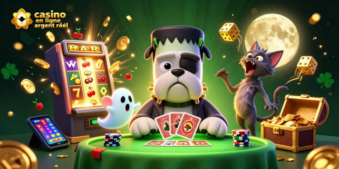 Jouez à casino en ligne argent réel avec un bulldog Frankenstein et une machine à sous en or.