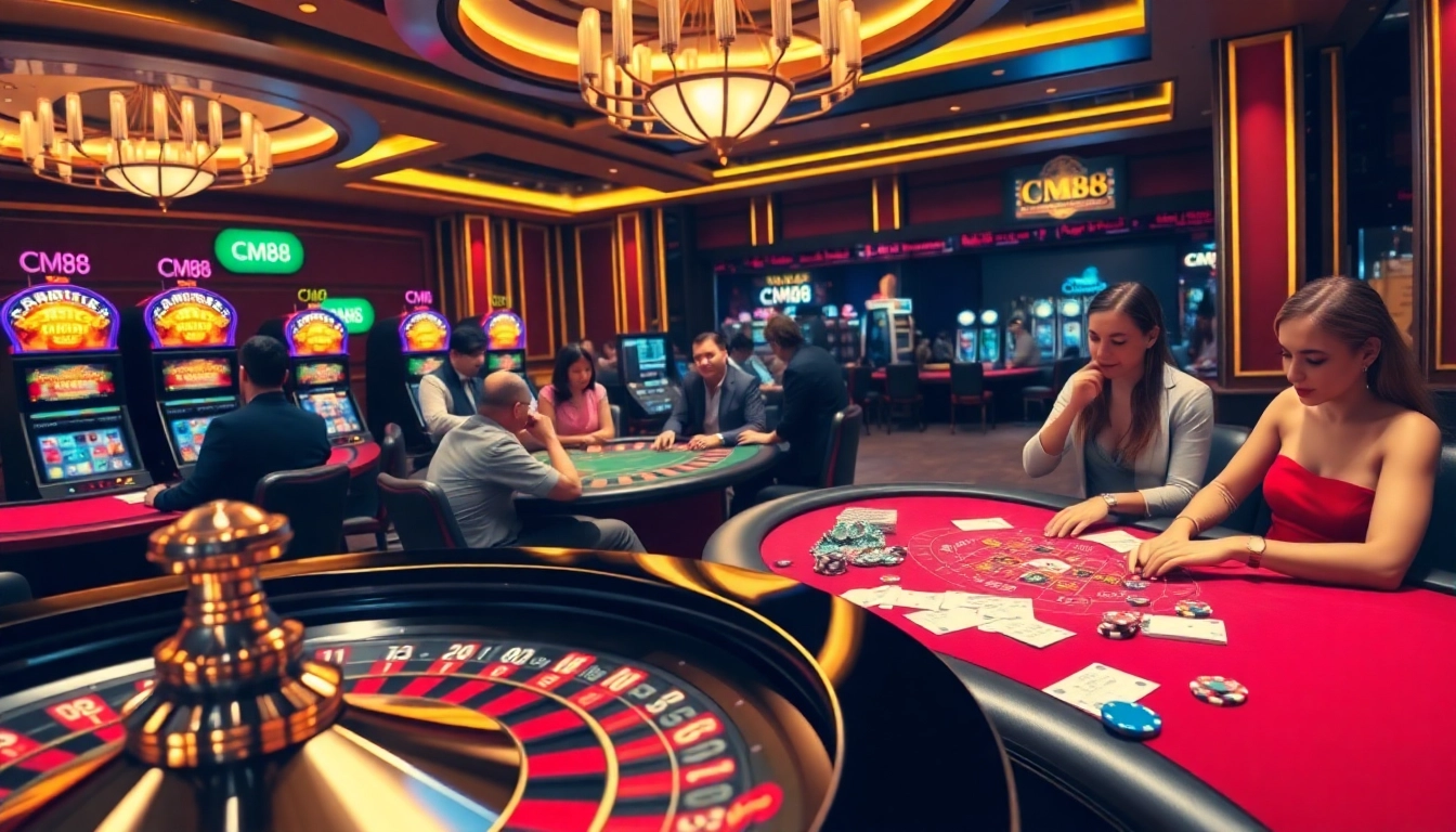 Engaging players at CM88 casino table with vibrant atmosphere and gaming excitement.
