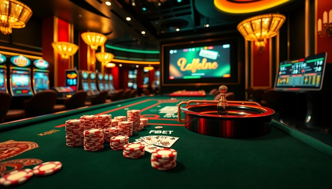 Exciting scene showing Đăng Nhập F8BET with vibrant casino elements like poker chips and slot machines.