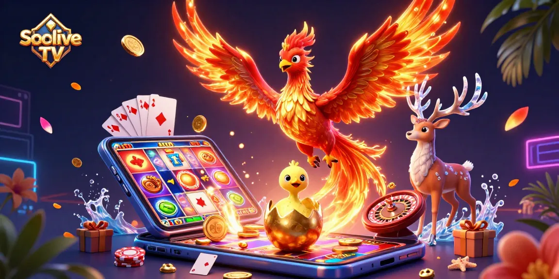 Socolive TV offers thrilling action with vibrant slot games and spectacular visuals in this colorful illustration.