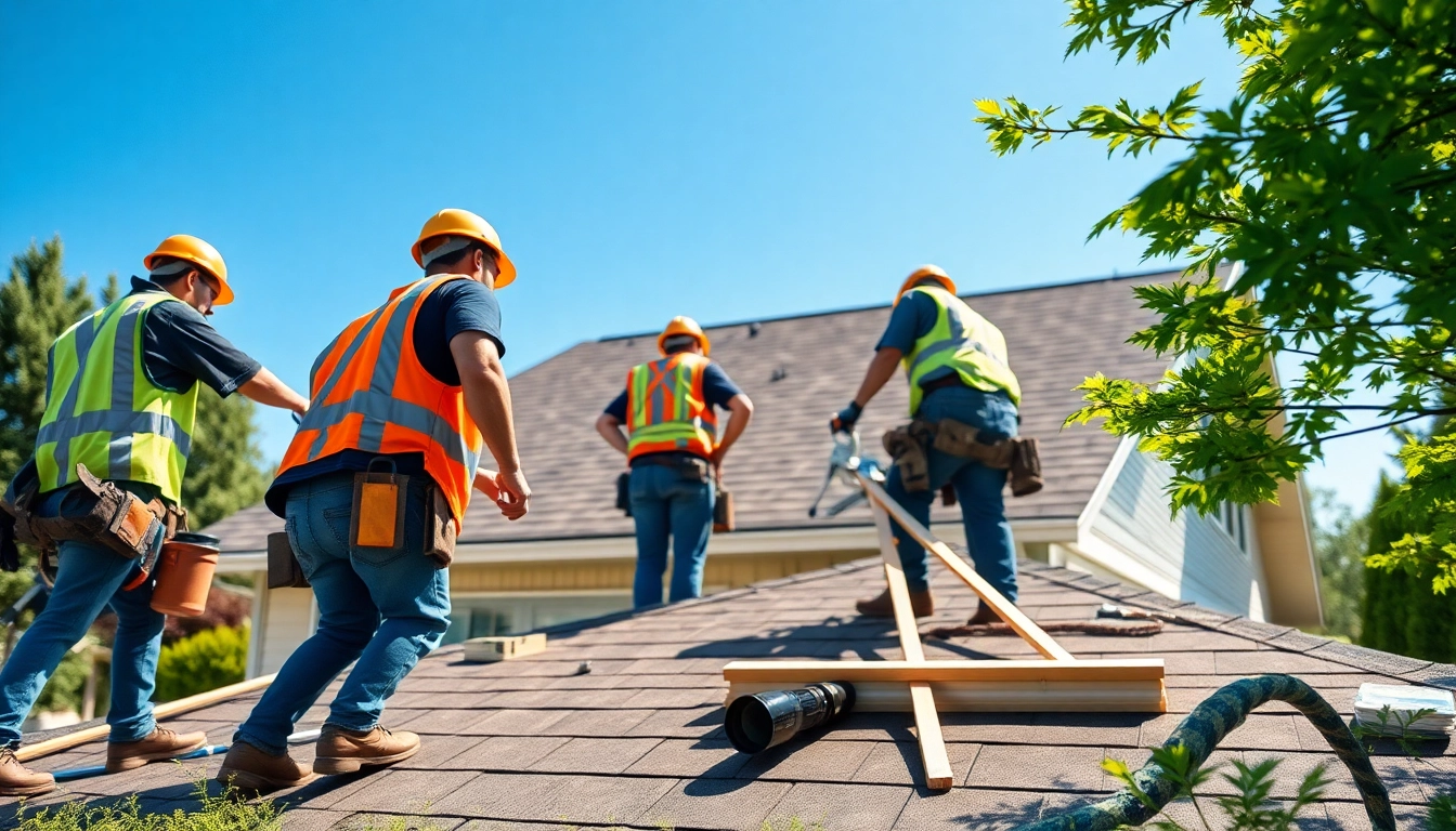 A roofing company team installing a roof, showcasing safety and quality in a suburban setting.