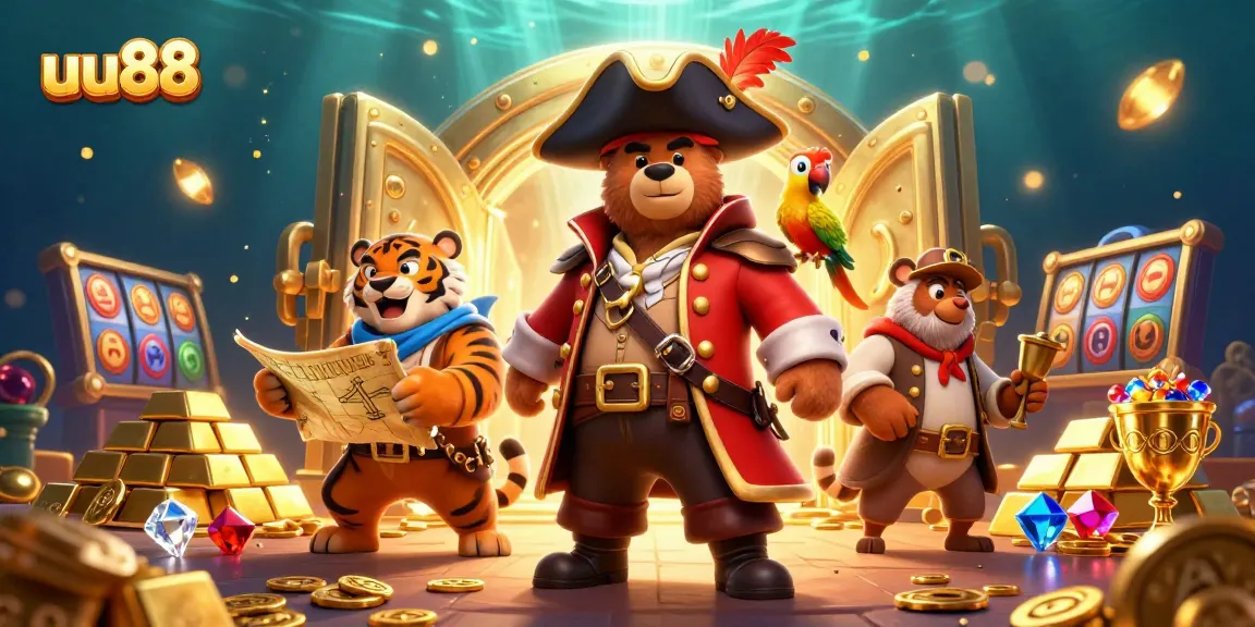uu88 showcases a dynamic pirate-themed casino adventure with vibrant slot reels and treasures.