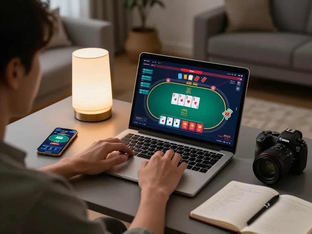 Experience strategic gameplay at sc88 with a warm home gaming setup featuring poker on a laptop.