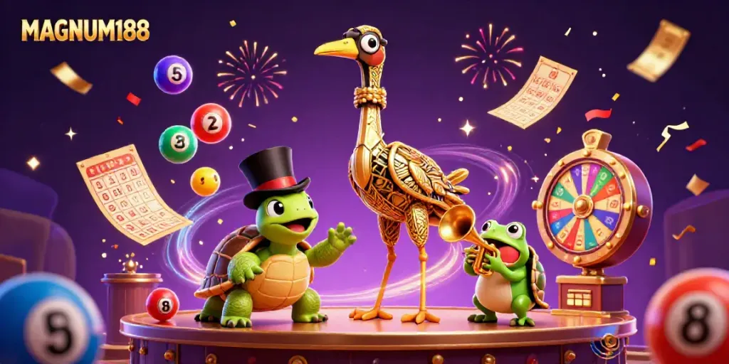 Celebrate wins with MAGNUM188 in a vibrant 3D gambling scene featuring playful characters.