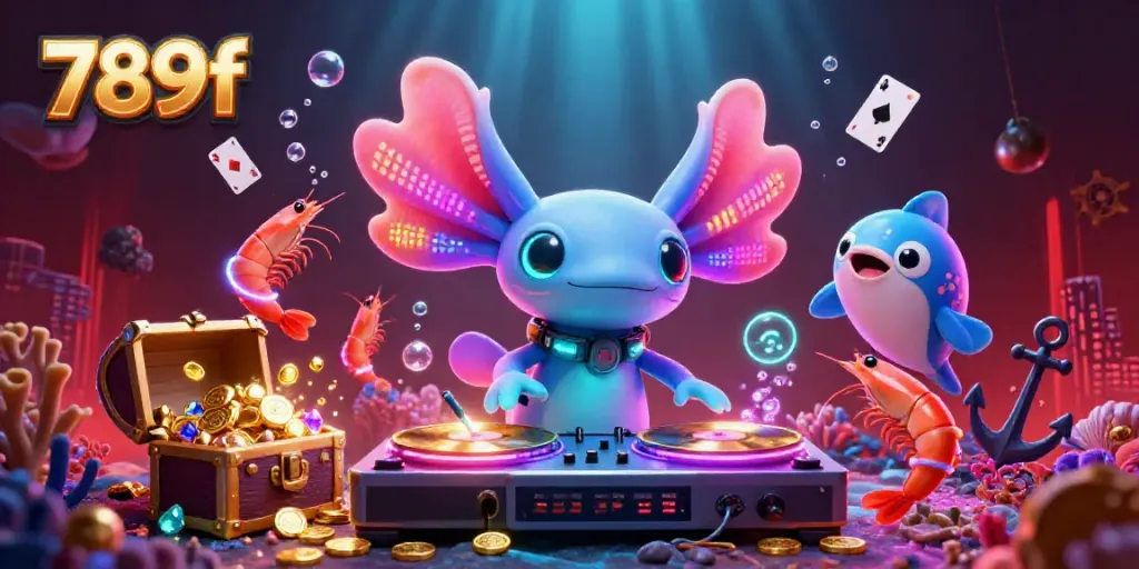 Experience exciting gaming at 789f with vibrant axolotl DJ, shrimp dancers, and immersive casino elements.