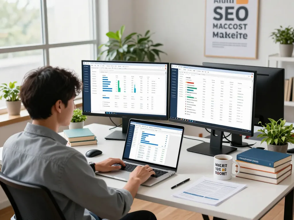 Group buy SEO tools setup showcasing analytics and productivity in a vibrant workspace.